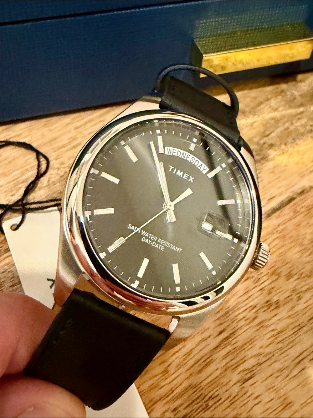 Timex Legacy Black Dial Black Leather Strap Day-Date Watch
